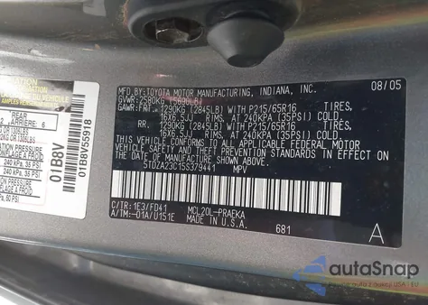 2005 Toyota Sienna Ce из США, поврежденный, VIN 5TDZA23C15S379441